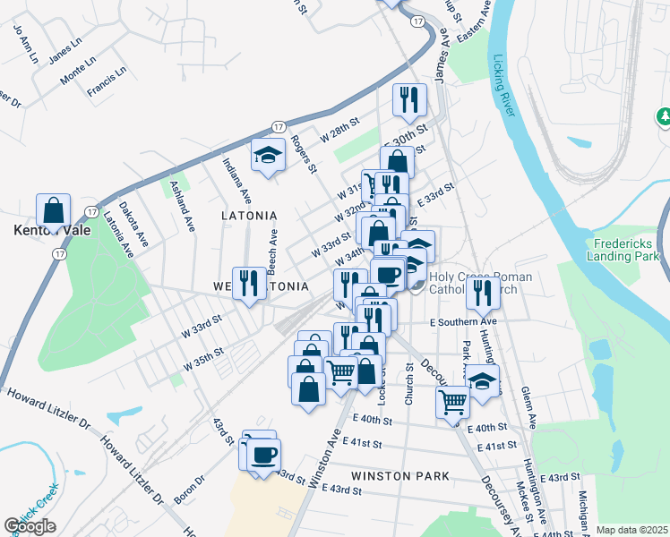 map of restaurants, bars, coffee shops, grocery stores, and more near 125 West 34th Street in Covington