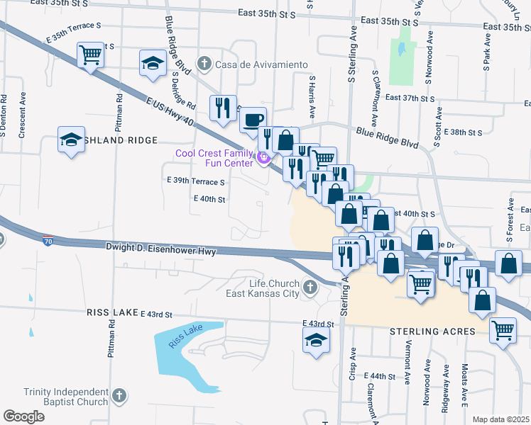 map of restaurants, bars, coffee shops, grocery stores, and more near 4021 Hedges Ave in Kansas City