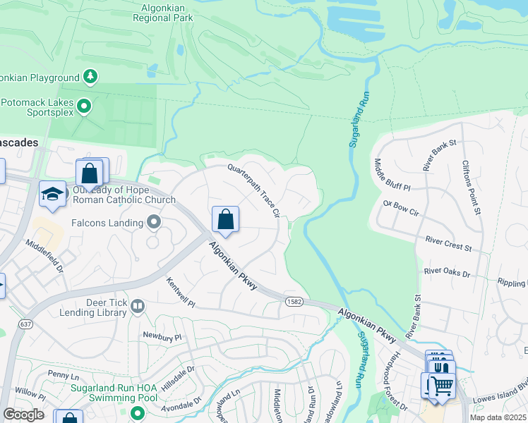 map of restaurants, bars, coffee shops, grocery stores, and more near 20450 Willowmere Court in Sterling