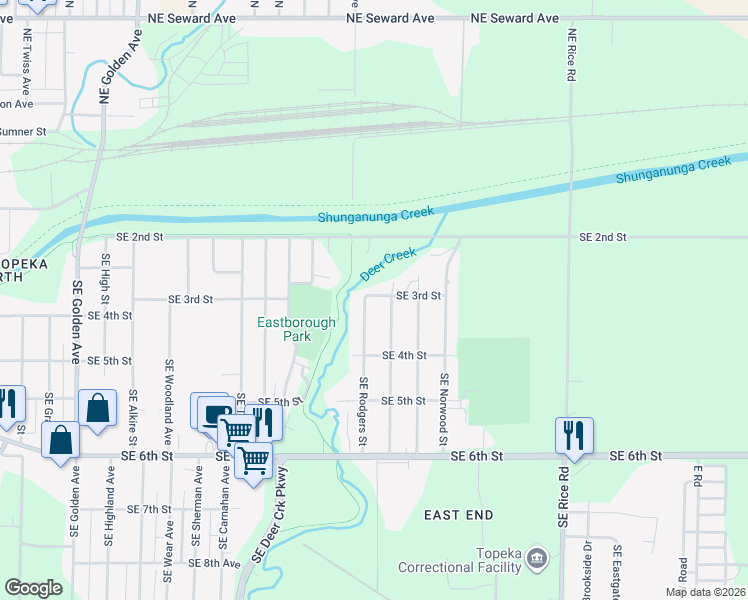 map of restaurants, bars, coffee shops, grocery stores, and more near 302 Southeast Rodgers Street in Topeka