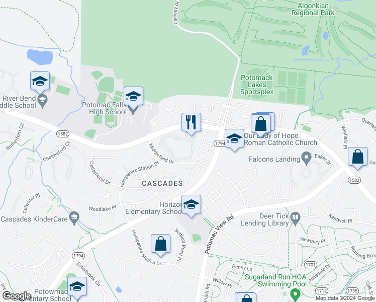 map of restaurants, bars, coffee shops, grocery stores, and more near 46628 Drysdale Terrace in Sterling