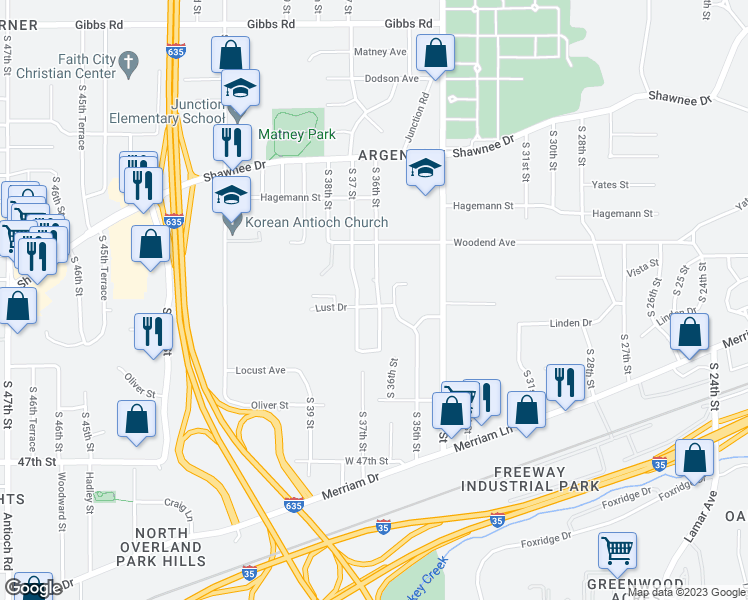 map of restaurants, bars, coffee shops, grocery stores, and more near 3600 Lust Drive in Kansas City
