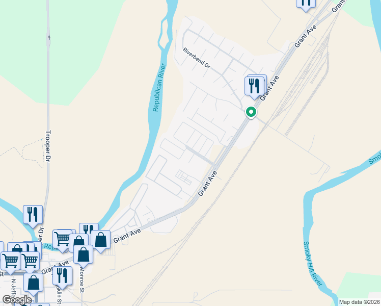 map of restaurants, bars, coffee shops, grocery stores, and more near 27 Fuller Circle in Junction City