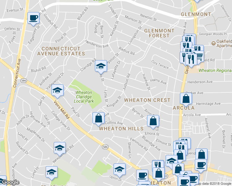 map of restaurants, bars, coffee shops, grocery stores, and more near 11715 Leona Street in Silver Spring