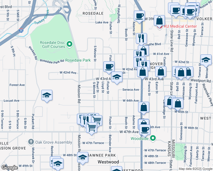 map of restaurants, bars, coffee shops, grocery stores, and more near 4314 Fisher Street in Kansas City
