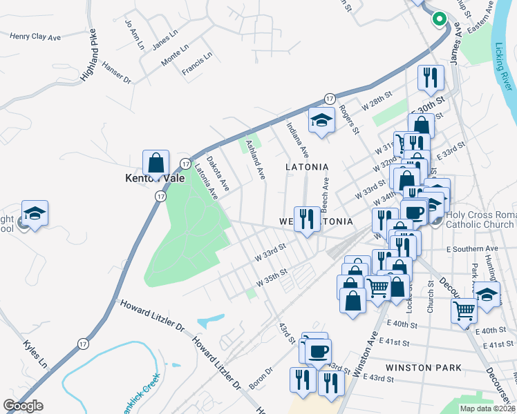 map of restaurants, bars, coffee shops, grocery stores, and more near 2831 Ashland Avenue in Covington
