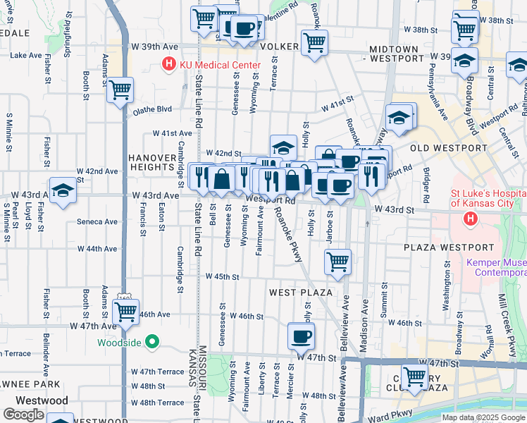 map of restaurants, bars, coffee shops, grocery stores, and more near 4315 Fairmount Avenue in Kansas City