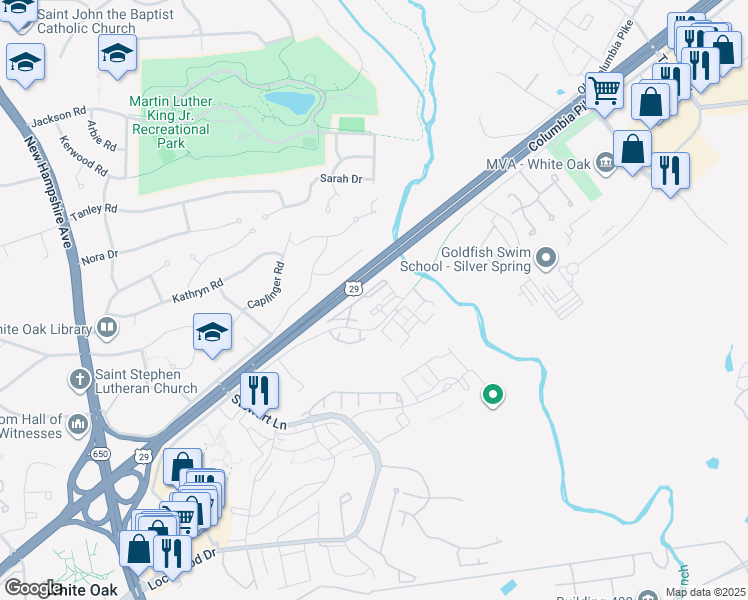 map of restaurants, bars, coffee shops, grocery stores, and more near 11700 Old Columbia Pike in Silver Spring