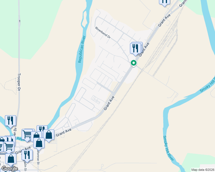map of restaurants, bars, coffee shops, grocery stores, and more near 2 Fuller Circle in Junction City