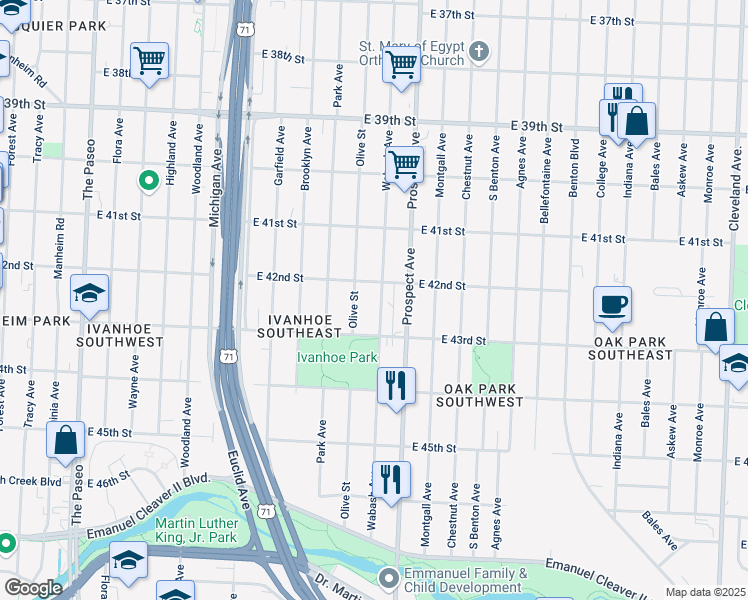map of restaurants, bars, coffee shops, grocery stores, and more near 4214 Wabash Avenue in Kansas City