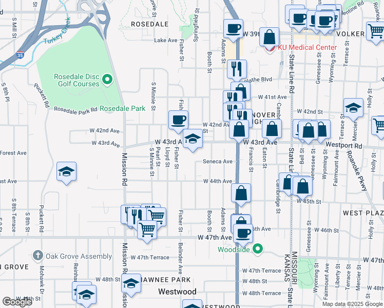 map of restaurants, bars, coffee shops, grocery stores, and more near 2605 West 43rd Avenue in Kansas City