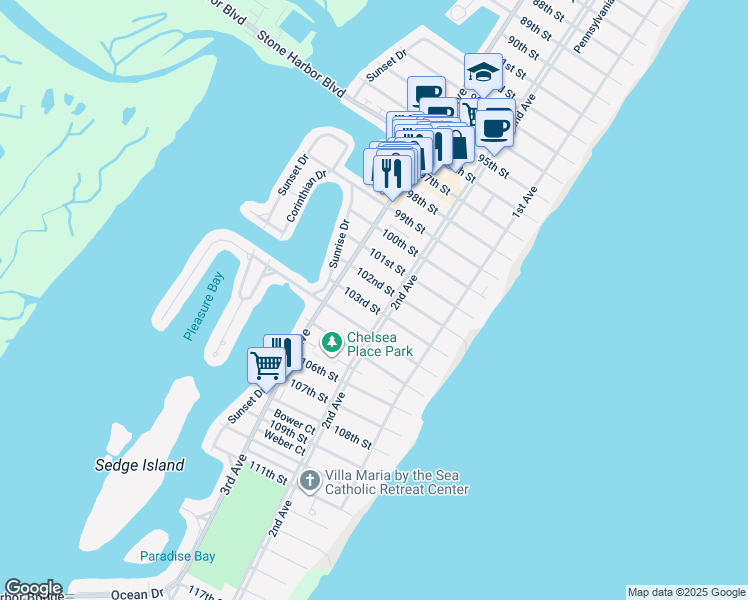 map of restaurants, bars, coffee shops, grocery stores, and more near 242 103rd Street in Stone Harbor