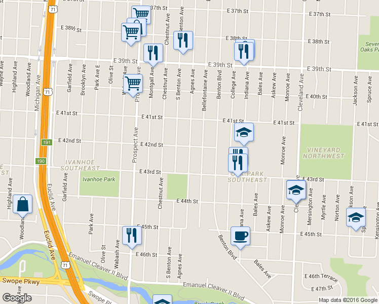 map of restaurants, bars, coffee shops, grocery stores, and more near 4208 Agnes Avenue in Kansas City