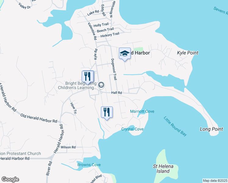 map of restaurants, bars, coffee shops, grocery stores, and more near 372 Hall Road in Crownsville