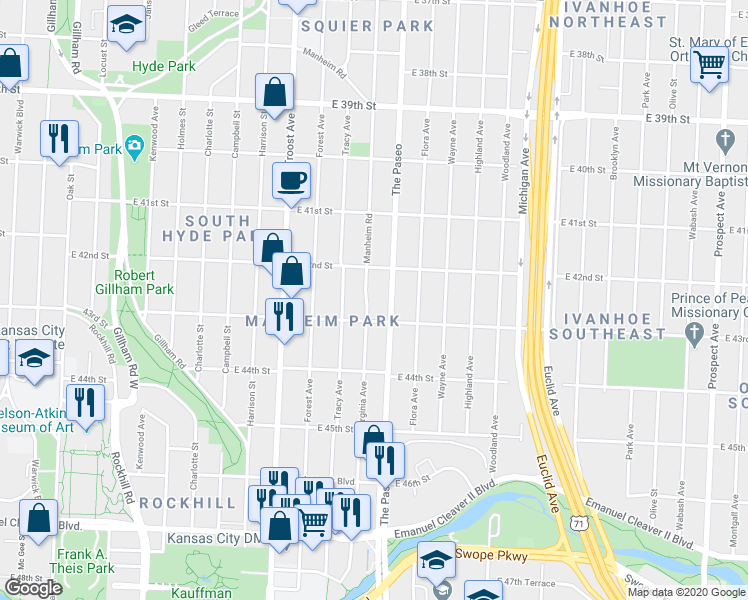 map of restaurants, bars, coffee shops, grocery stores, and more near 4229 Manheim Road in Kansas City