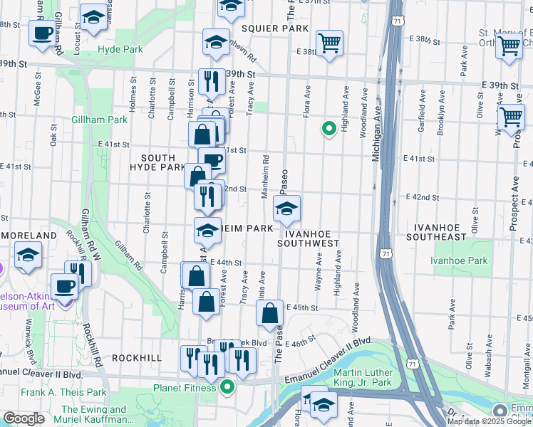 map of restaurants, bars, coffee shops, grocery stores, and more near 4229 Manheim Road in Kansas City