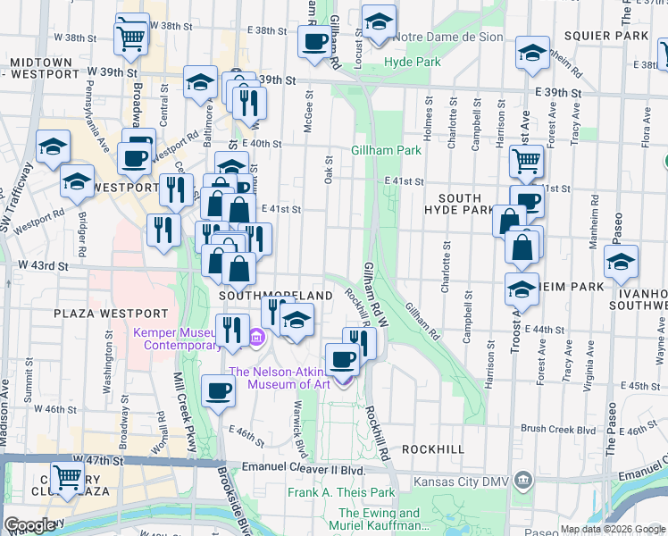 map of restaurants, bars, coffee shops, grocery stores, and more near 4236 Locust Street in Kansas City