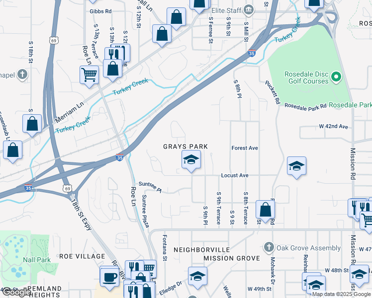 map of restaurants, bars, coffee shops, grocery stores, and more near 2901 South 10 Street in Kansas City