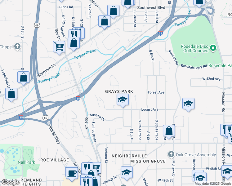 map of restaurants, bars, coffee shops, grocery stores, and more near 1033 Forest Court in Kansas City