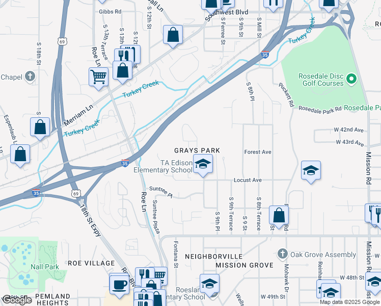 map of restaurants, bars, coffee shops, grocery stores, and more near 1033 Forest Court in Kansas City