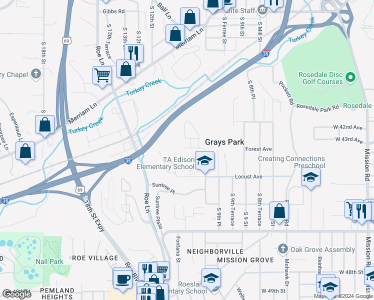 map of restaurants, bars, coffee shops, grocery stores, and more near 1033 Forest Court in Kansas City