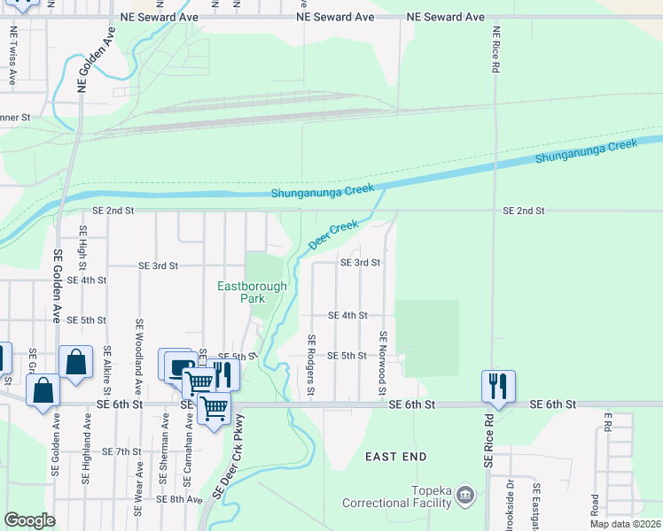 map of restaurants, bars, coffee shops, grocery stores, and more near 302 SE Rodgers St in Topeka
