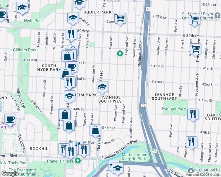 map of restaurants, bars, coffee shops, grocery stores, and more near 4225 Flora Avenue in Kansas City