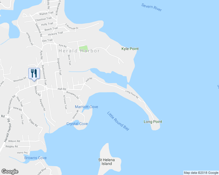 map of restaurants, bars, coffee shops, grocery stores, and more near 275 Long Point Road in Crownsville