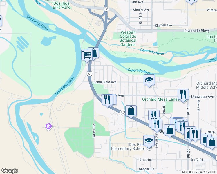 map of restaurants, bars, coffee shops, grocery stores, and more near 1741 Laveta Street in Grand Junction