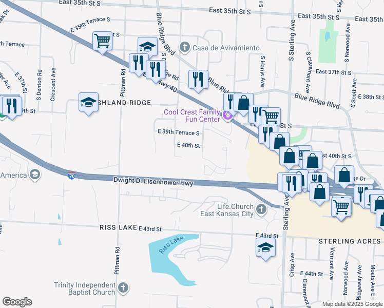 map of restaurants, bars, coffee shops, grocery stores, and more near 10408 East 40th Terrace in Kansas City