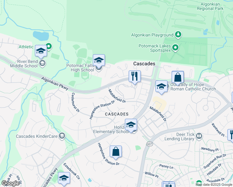 map of restaurants, bars, coffee shops, grocery stores, and more near 20453 Chesapeake Square in Sterling