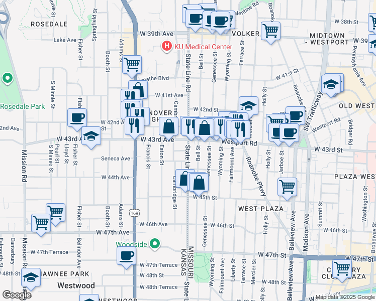map of restaurants, bars, coffee shops, grocery stores, and more near State Line Road in Kansas City