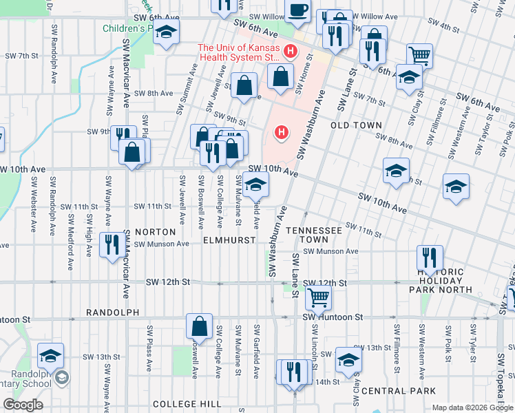 map of restaurants, bars, coffee shops, grocery stores, and more near 1699 Southwest 11th Street in Topeka