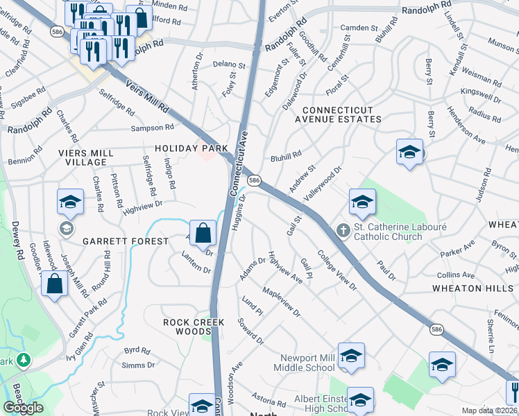 map of restaurants, bars, coffee shops, grocery stores, and more near 11820 College View Drive in Silver Spring