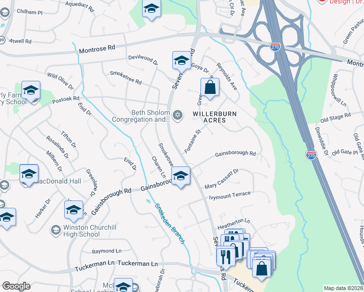map of restaurants, bars, coffee shops, grocery stores, and more near 11801 Seven Locks Road in Rockville