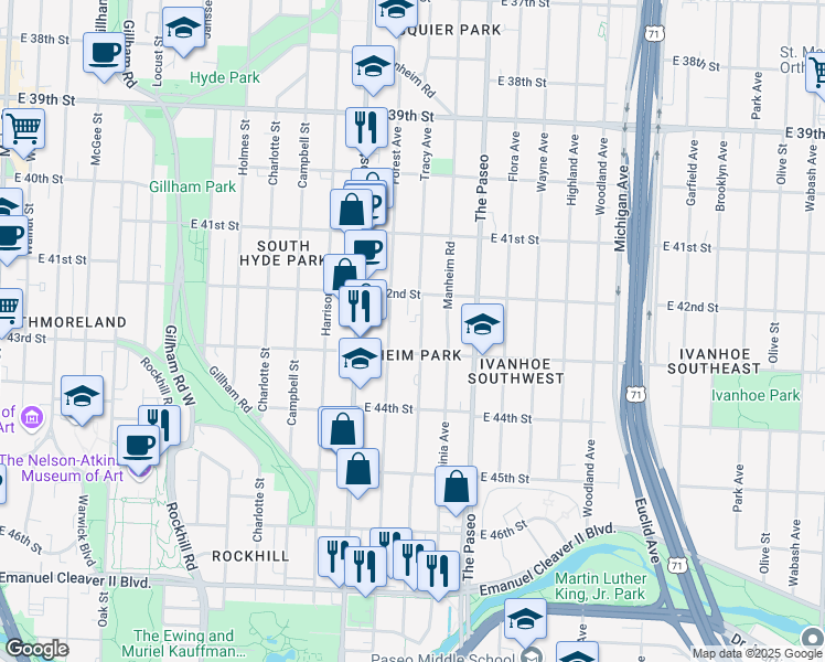 map of restaurants, bars, coffee shops, grocery stores, and more near 4230 Tracy Avenue in Kansas City