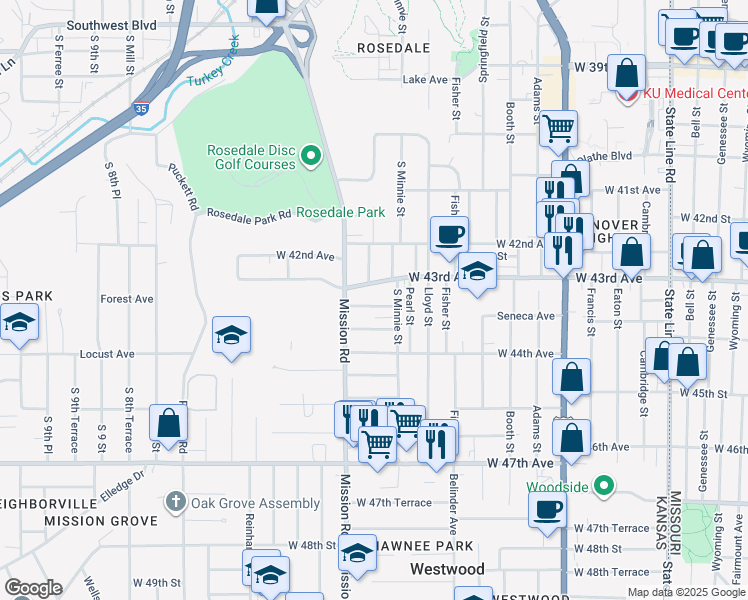 map of restaurants, bars, coffee shops, grocery stores, and more near 2914 Seneca Avenue in Kansas City