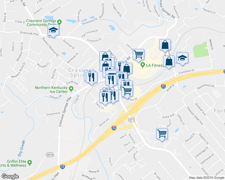 map of restaurants, bars, coffee shops, grocery stores, and more near 550 Buttermilk Pike in Crescent Springs