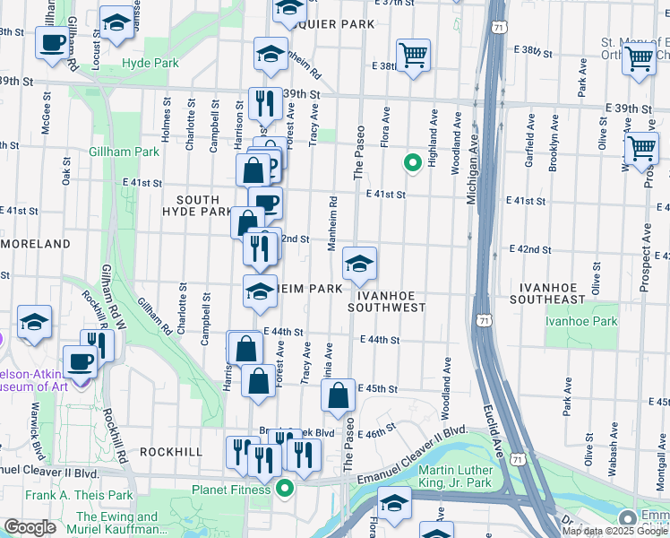 map of restaurants, bars, coffee shops, grocery stores, and more near 4229 Manheim Road in Kansas City
