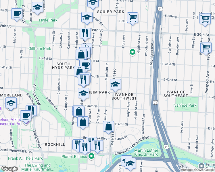 map of restaurants, bars, coffee shops, grocery stores, and more near 4229 Manheim Road in Kansas City