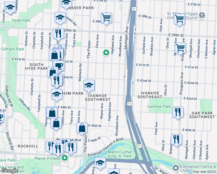 map of restaurants, bars, coffee shops, grocery stores, and more near 4218 Highland Avenue in Kansas City