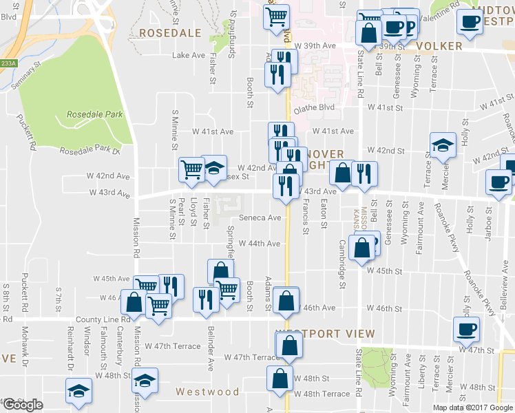 map of restaurants, bars, coffee shops, grocery stores, and more near 4311 Booth St in Kansas City