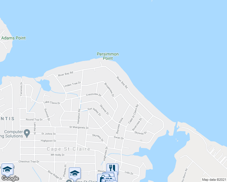 map of restaurants, bars, coffee shops, grocery stores, and more near 1078 Broadview Drive in Annapolis