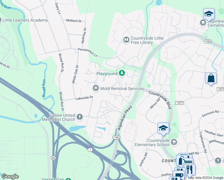 map of restaurants, bars, coffee shops, grocery stores, and more near 29 Bickel Court in Sterling