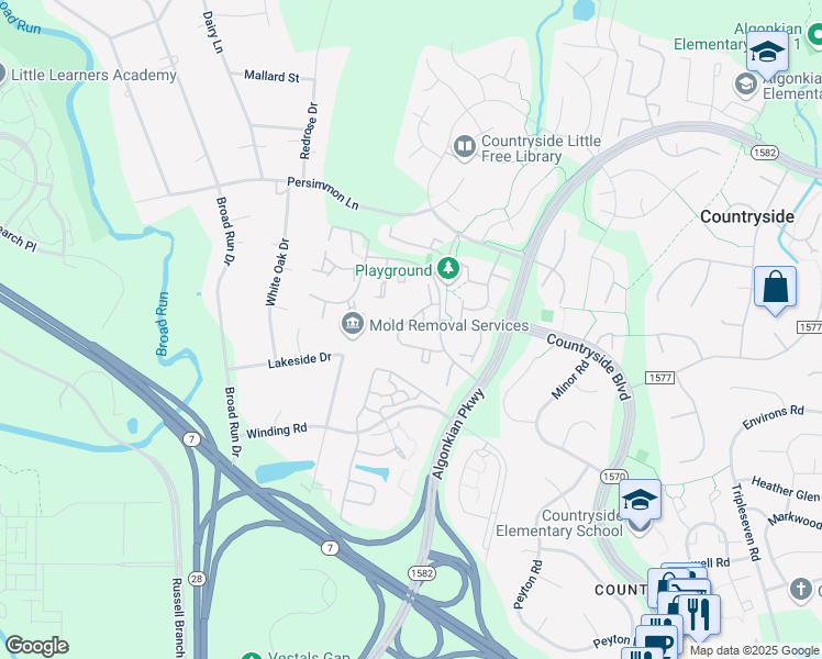 map of restaurants, bars, coffee shops, grocery stores, and more near 31 Bickel Court in Sterling