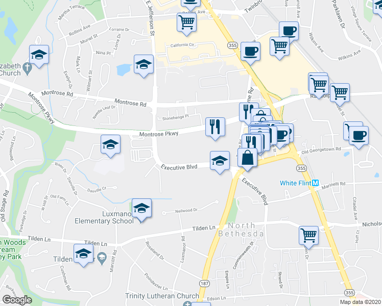 map of restaurants, bars, coffee shops, grocery stores, and more near 6101 Executive Boulevard in Rockville