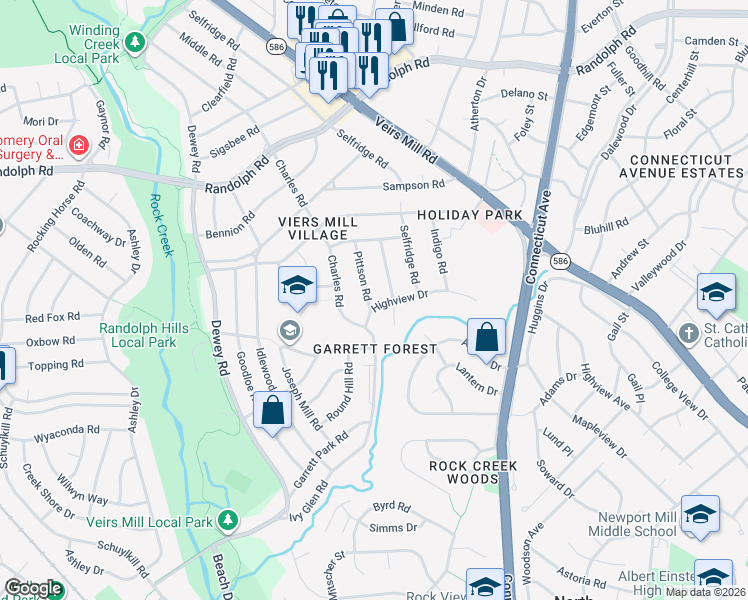 map of restaurants, bars, coffee shops, grocery stores, and more near 11801 Pittson Road in Silver Spring