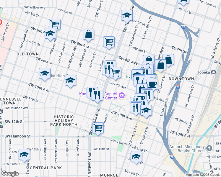 map of restaurants, bars, coffee shops, grocery stores, and more near 817 Southwest Harrison Street in Topeka
