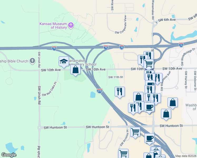 map of restaurants, bars, coffee shops, grocery stores, and more near 1033 Southwest Marge Court in Topeka