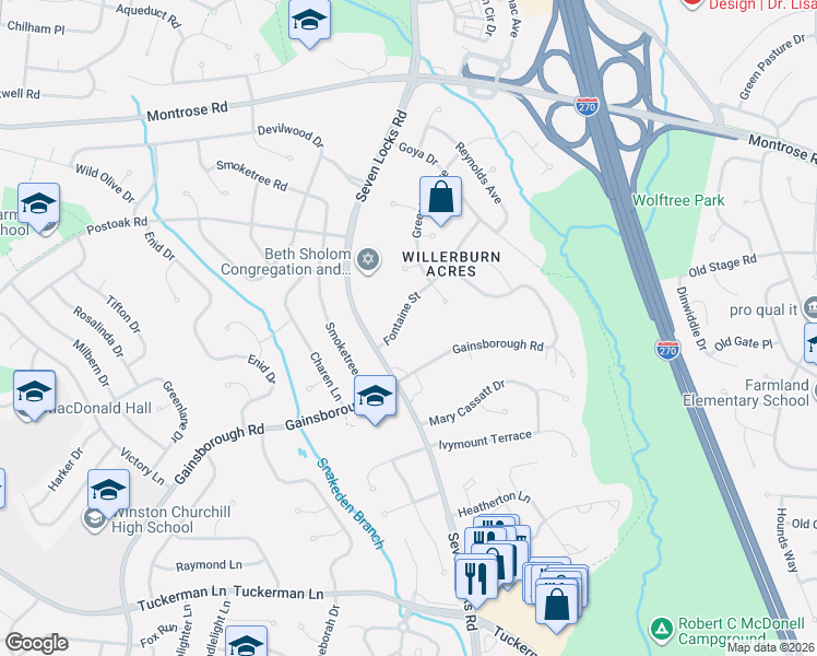 map of restaurants, bars, coffee shops, grocery stores, and more near 7720 Fontaine Street in Potomac